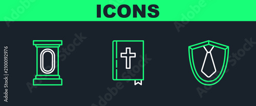 Quadro su tela Set line Tie, Stage stand or debate podium rostrum and Holy bible book icon
