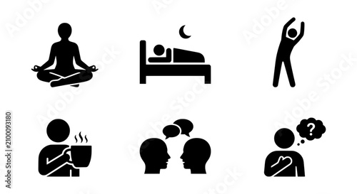 Foto Wellness Icons: Meditation, Sleep, Exercise, Coffee, Conversation, Self-Reflecti