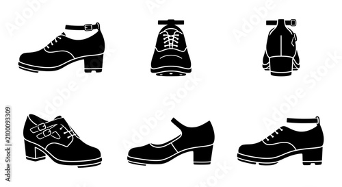 Photography Tap Dance Shoes Vector Icons, Black Silhouette Footwear Collection, Performance
