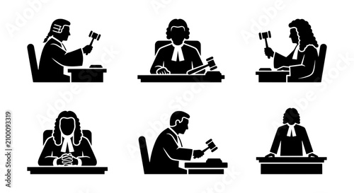 Foto Judge Icons Set, Legal Gavel Silhouettes, Courtroom Justice Symbols, Law Authori