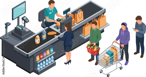 Isometric Supermarket Checkout Scene with Customers Shopping Cart Queue and Cashier Counter Retail Illustration