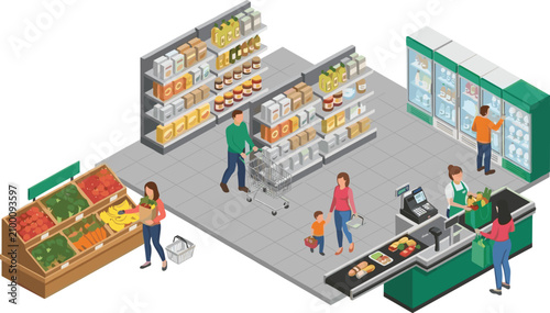 Isometric Supermarket Interior with Grocery Shopping Scene Fresh Produce Shelves and Retail Store Customers Illustration