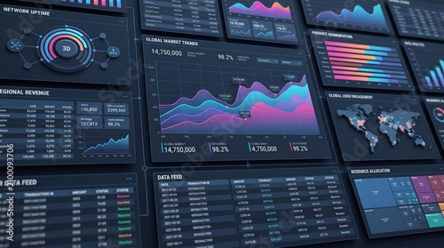 Abstract dark mode user interface displaying global market trends network uptime regional revenue data feed and resource allocation with colorful graphs maps and statistics