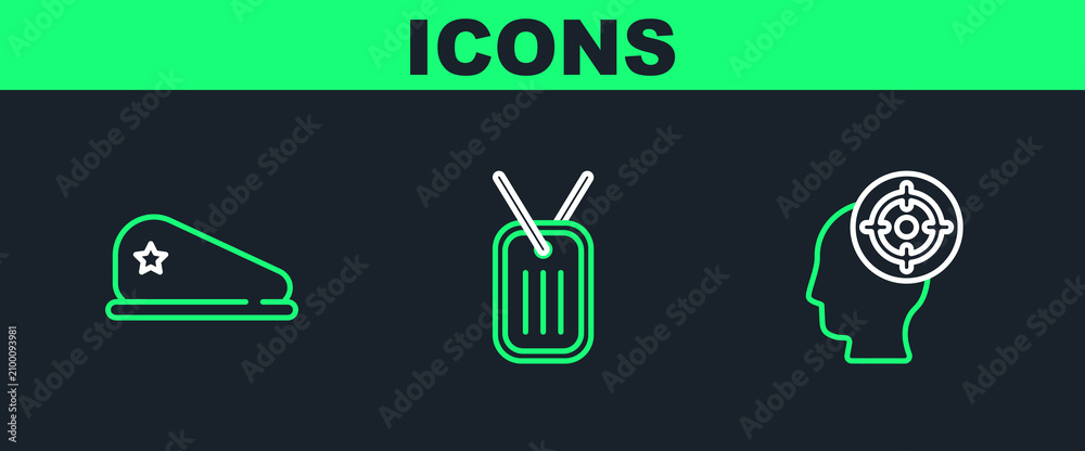 Fototapeta premium Set line Target sport, Military beret and dog tag icon. Vector