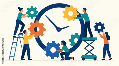 Flat vector illustration of a diverse business team collaborating to assemble a giant clock mechanism with colorful gears, symbolizing teamwork, project management, efficiency, and time optimization.