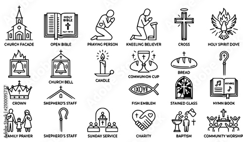 Foto Christian Faith Worship Church and Bible Thin Line Icon Collection Black Red Out