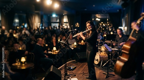 Flutist performing live enchanting music on stage, captivating an appreciative audience in a vibrant club