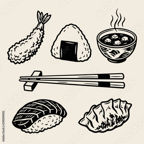 Linocut illustration set of Japanese food, shrimp tempura, onigiri, miso soup, gyoza, sushi