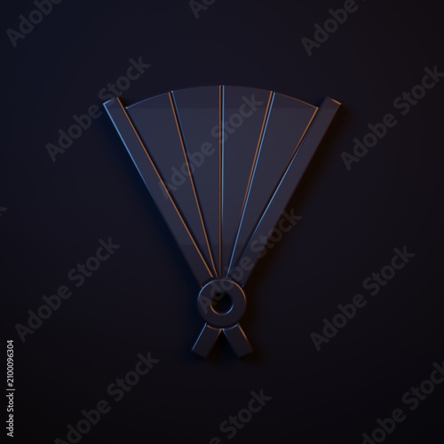 Dark-blue Traditional paper chinese or japanese folding fan icon isolated on black background. Minimalism concept. 3D render illustration