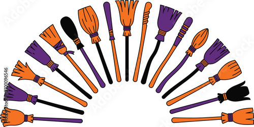 Foto Halloween witch broomsticks collection spooky seasonal illustration