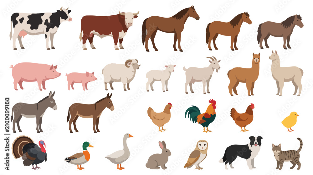 Obraz premium A premium vector illustration set featuring a diverse collection of farm animals and livestock