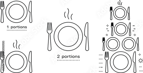 Obraz na płótnie Food portion control size guide plate fork and knife line art vector illustratio