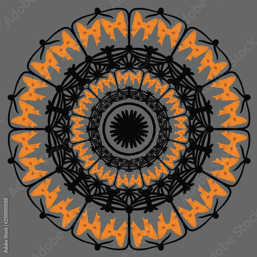Decorative vector mandala with detailed Halloween symbols arranged in a symmetrical circular composition.