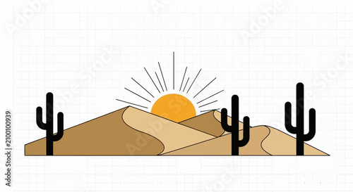 Konstfotografi Desert landscape with sand dunes and cactus at sunset