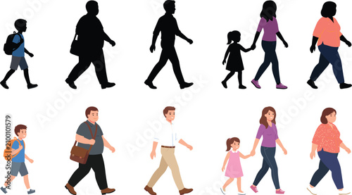 Walking people silhouette and colored illustration comparison with adults and children