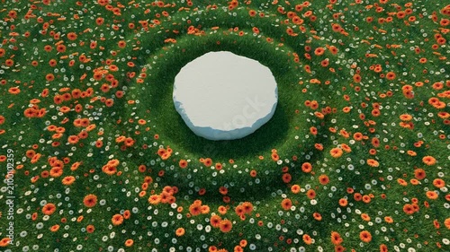 3D animation of green grass and orange flowers with concentric waves. Eco-friendly natural pedestal for cosmetic presentation. 3d rendering not AI