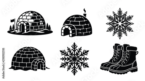 Tableau sur toile Igloo Snowflake And Winter Boot Silhouettes On A White Background