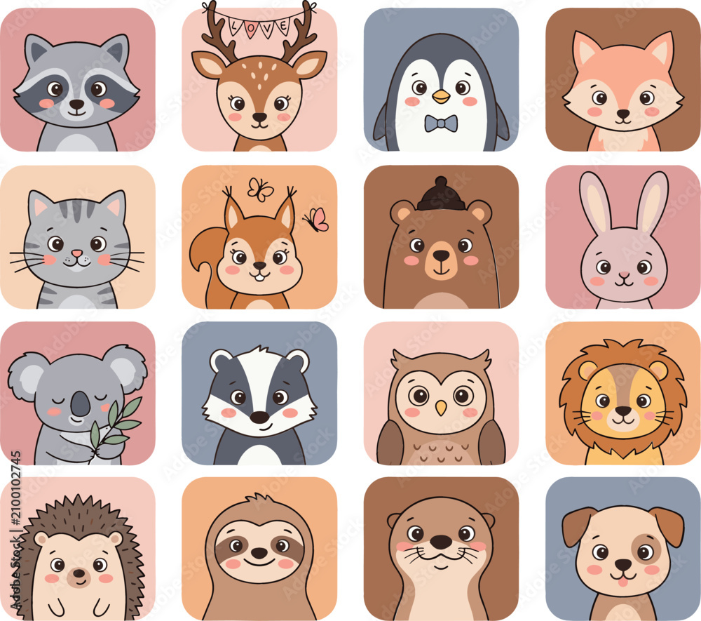 Fototapeta premium Cute cartoon animal avatar icon vector set inside pastel square frames featuring raccoon deer penguin fox cat squirrel bear bunny koala owl lion dog