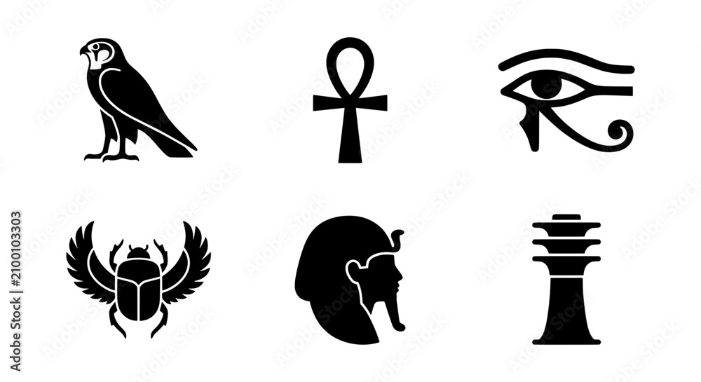 Fototapeta premium Ancient Egyptian Symbols Vector Icons: Ankh, Eye of Horus, Scarab, Falcon, Pharaoh, Obelisk