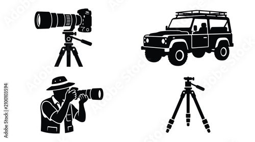 Fotografía Camera Off road Vehicle And Photographer Silhouettes On White Background