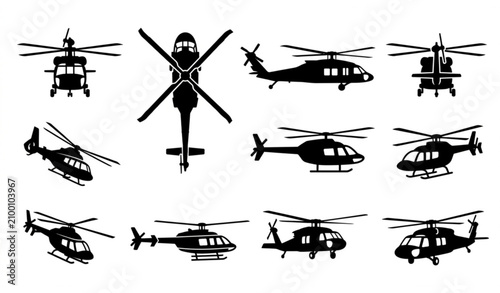 Eight Black Helicopter Graphic Icons with Front Side and Top Views Vector Illustration