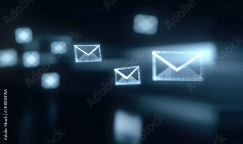 Multiple glowing digital email envelope icons floating in dark virtual space with soft light.