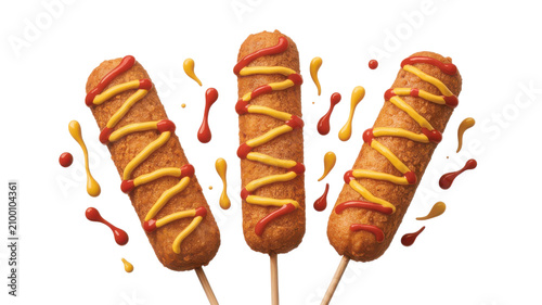 Three golden brown corn dogs with mustard and ketchup isolated on transparent background snack