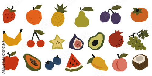 Geometric hand drawn fruit collection in modern folk style. Primitive textured vector set