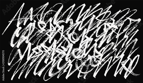 Canvastavla Abstract white graffiti scribbles on black background with energetic brushstroke