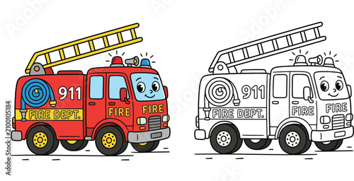 Quadro su tela Cute cartoon firetruck coloring page illustration