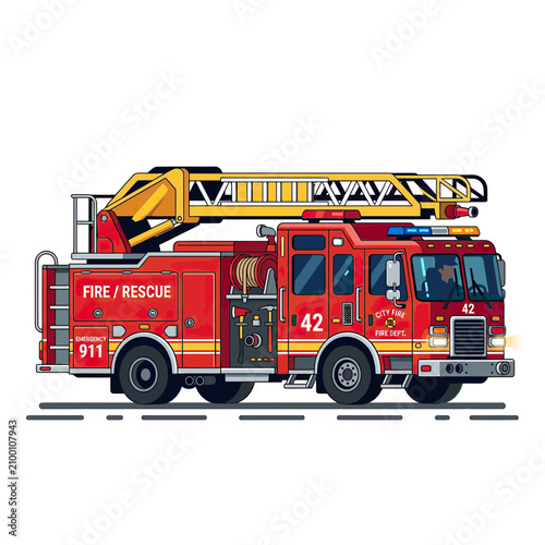 Bild auf Leinwand Red Fire Truck with Ladder and Emergency Lights