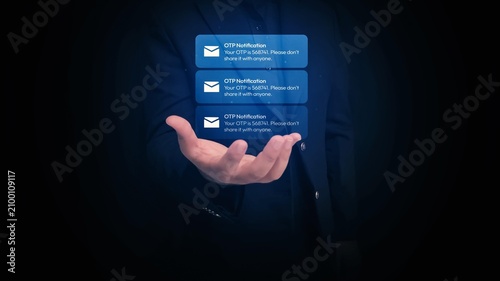 Hand holding digital otp notifications with security message, emphasizing online privacy and data protection in modern technology communication.