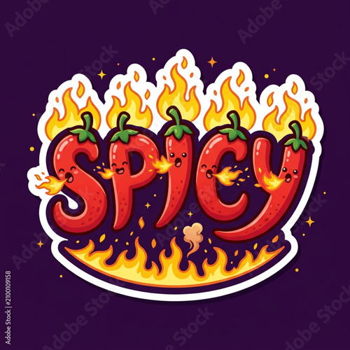 Fiery Spicy Text Design with Chili Peppers and Flames.