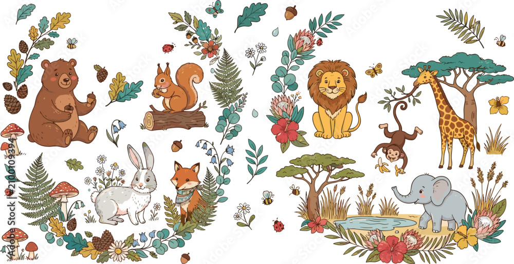 Fototapeta premium Cute wild animals vector illustration set containing forest bear squirrel rabbit fox and safari lion monkey giraffe elephant characters surrounded by plants.