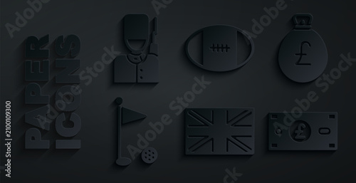 Photos Set Flag of Great Britain, Money bag with pound, Golf flag, Pound sterling money, Rugby ball and British soldier icon