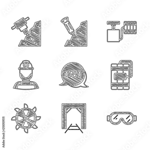 Принти на полотні Set Dynamite, Mine entrance, Safety goggle glasses, Bucket wheel excavator, Miner helmet, Handle detonator and Construction jackhammer icon