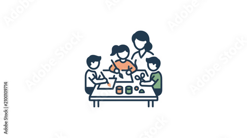 Family sitting at dinner table eating.
