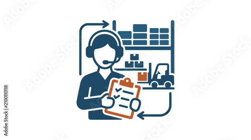 Man with headset holding clipboard.