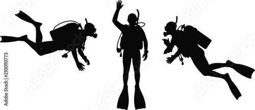Schilderij op canvas Scuba divers silhouette set with deep sea diving gear, swimming and waving ocean