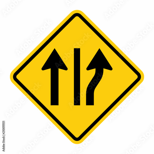 Yellow diamond-shaped road sign indicating a lane merge or lane ending with traffic moving right.