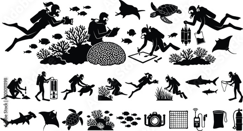 Quadro su tela Scuba divers exploring underwater coral reef world
