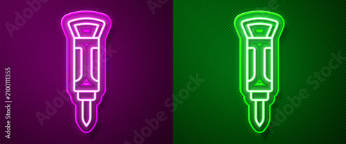 Foto Glowing neon line Construction jackhammer icon isolated on purple and green background