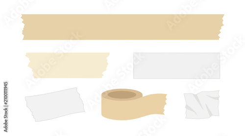 Beige and white masking tape strips and a roll displayed as a flat vector graphic design for creative projects