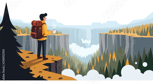 Bild auf Leinwand Hiker enjoying hot drink on mountain cliff overlooking canyon