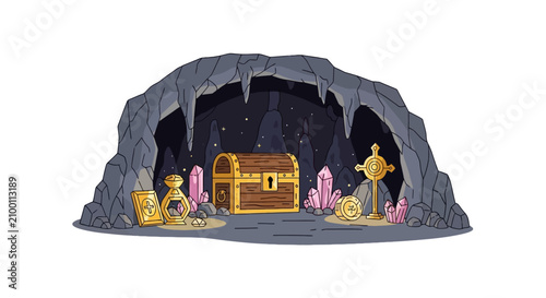Foto Hidden treasure chest in a dark cave surrounded by gold and crystals