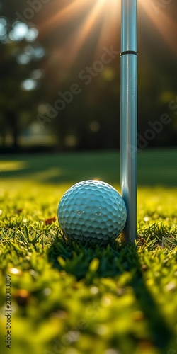 Sunlit golf ball rests near the cup on a verdant putting green golf field, Quiet, Outdoor