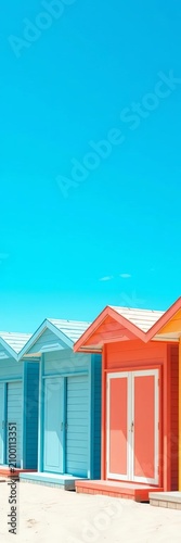 Vibrant beach huts against a clear blue summer sky, sand, holiday