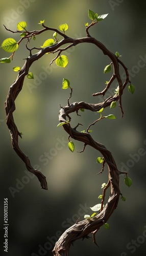 Twisted vine-like branch forms a spiral structure, development, abstract
