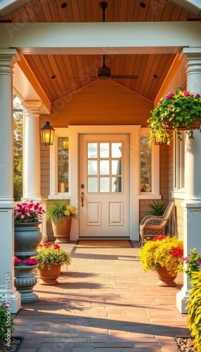 Warmly lit front porch with a cheerful atmosphere, home, family-friendly