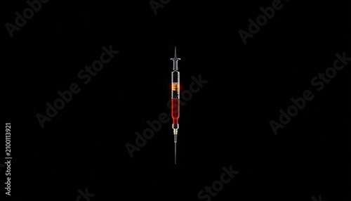 Minimal Syringe with Glowing Liquid on Black Background High Contrast Medical Concept